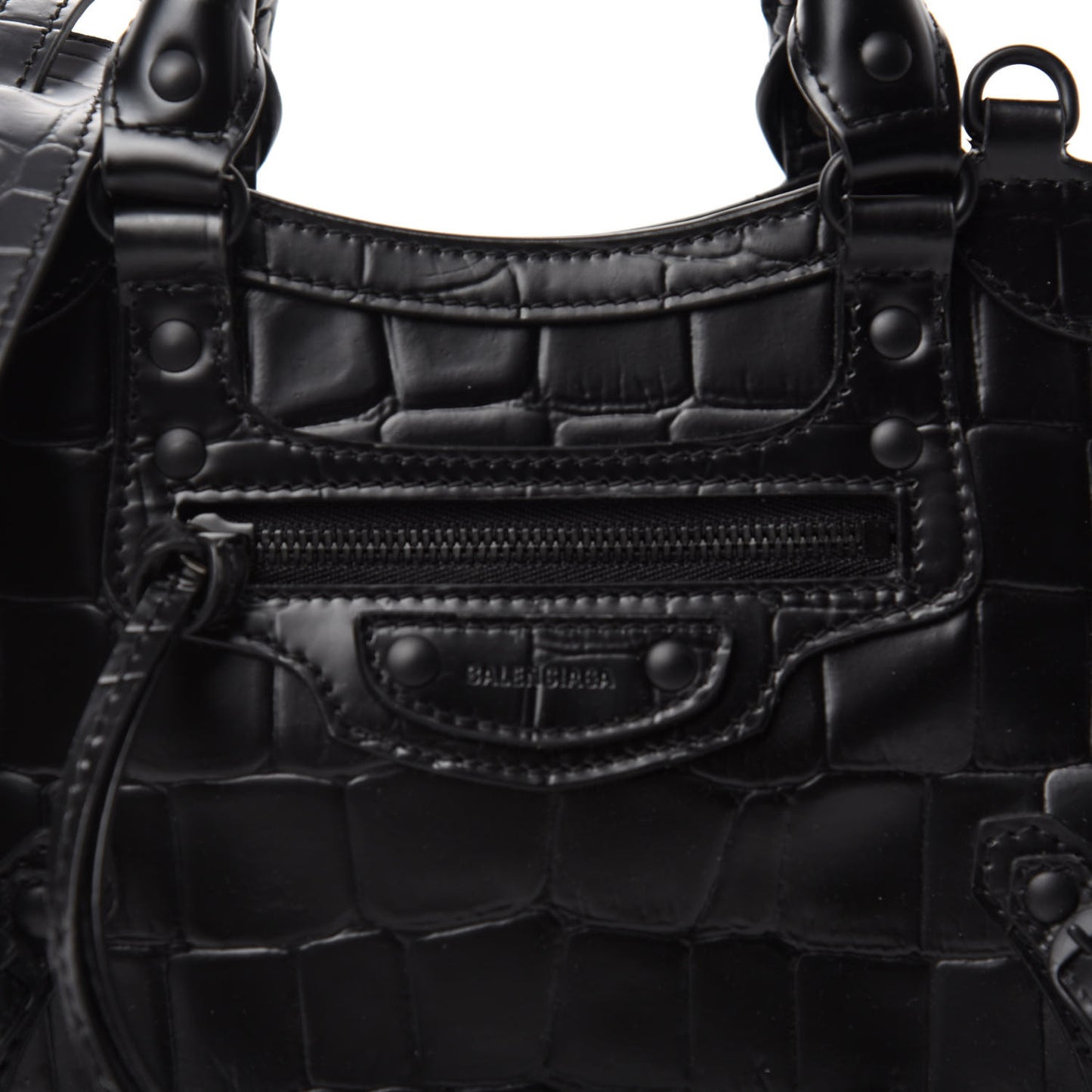 Semi Shiny Calfskin Crocodile Embossed Neo Classic Black Hardware Mini City Black