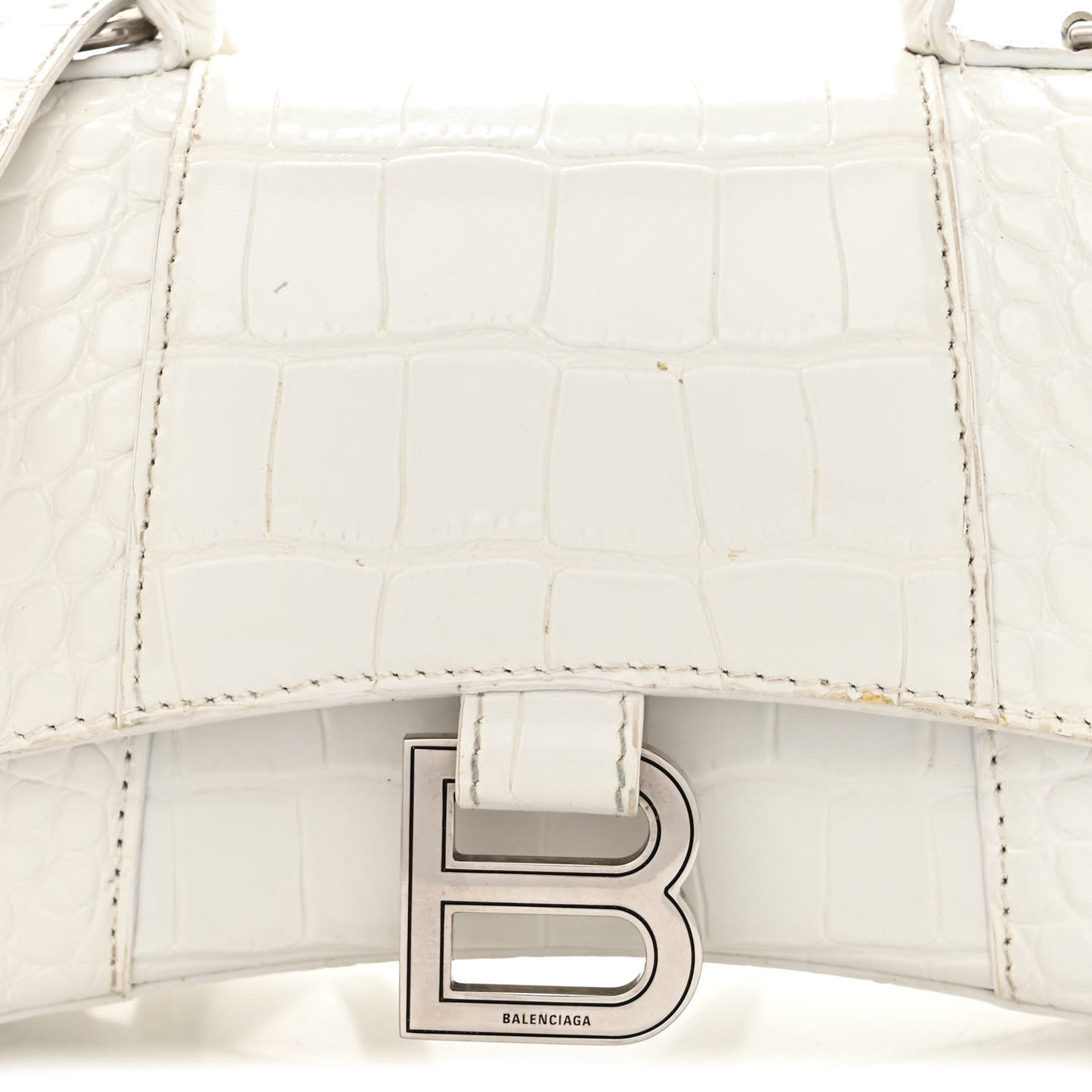 Shiny Calfskin Crocodile Embossed Hourglass Top Handle Bag XS White