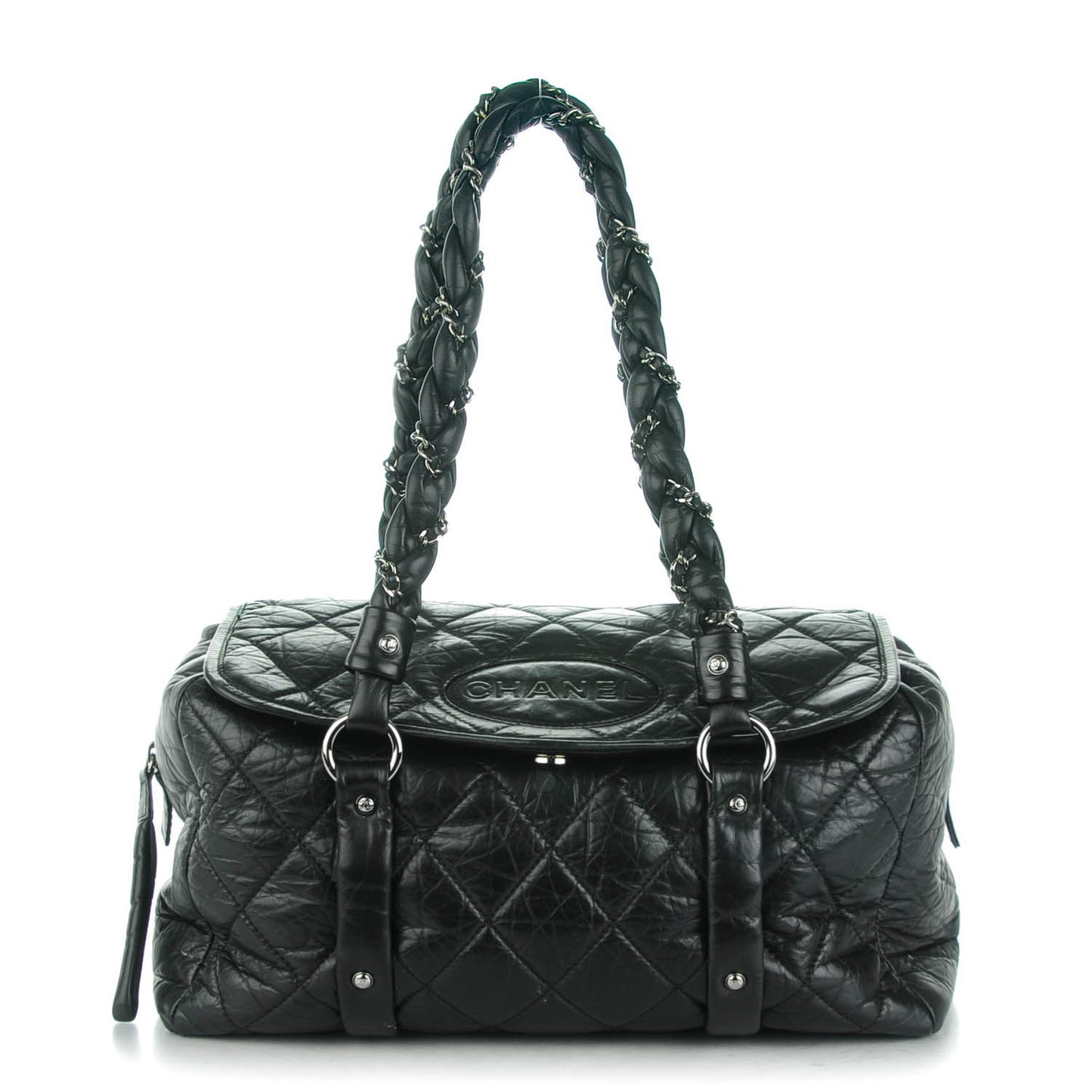Distressed Lambskin Quilted Lady Braid Flap Tote Black