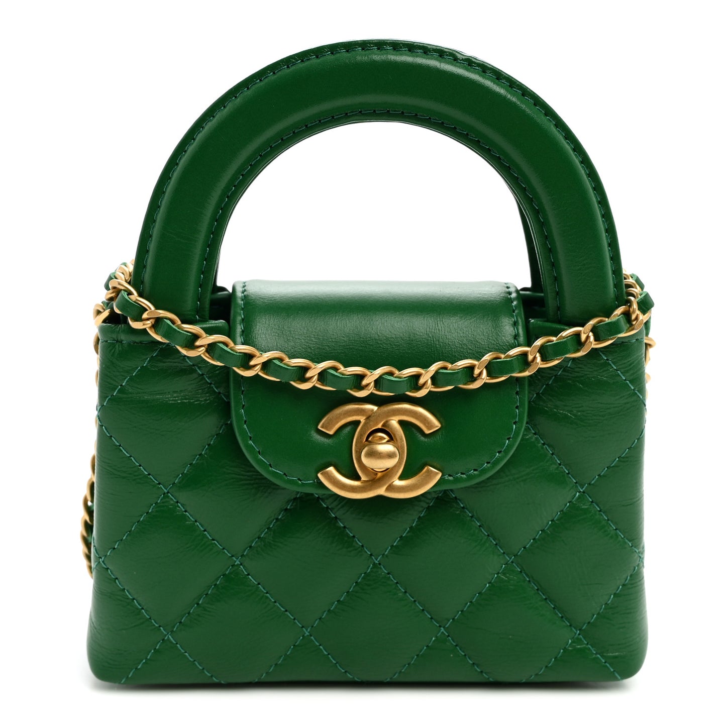 Shiny Aged Calfskin Quilted Mini Nano Kelly Shopper Green