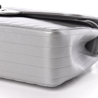 Chanel Metallic Caviar Chevron Quilted Jumbo Double Flap Silver 10 of 11