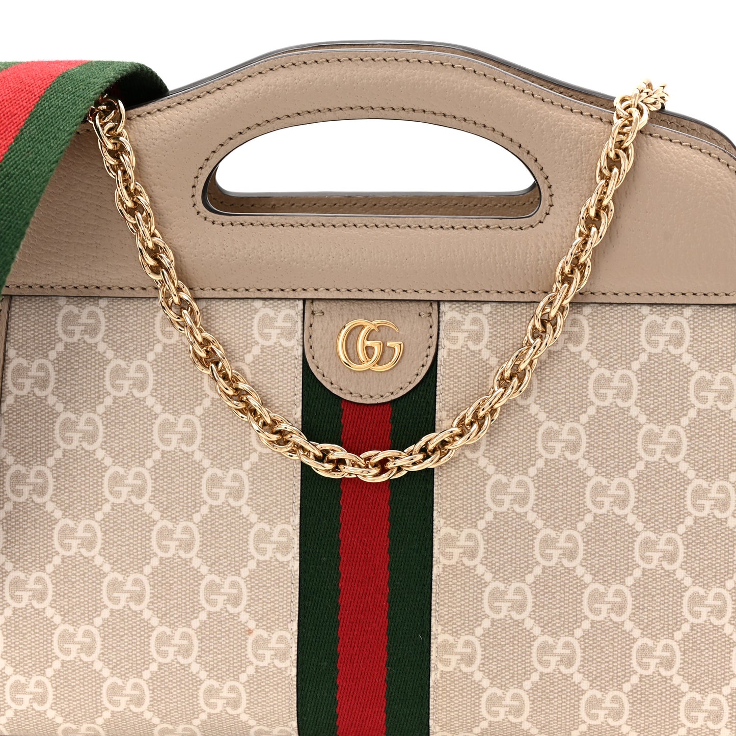 GG Supreme Monogram Textured Dollar Calfskin Web Small Ophidia Slip Handle Tote Beige Mystic White Oatmeal