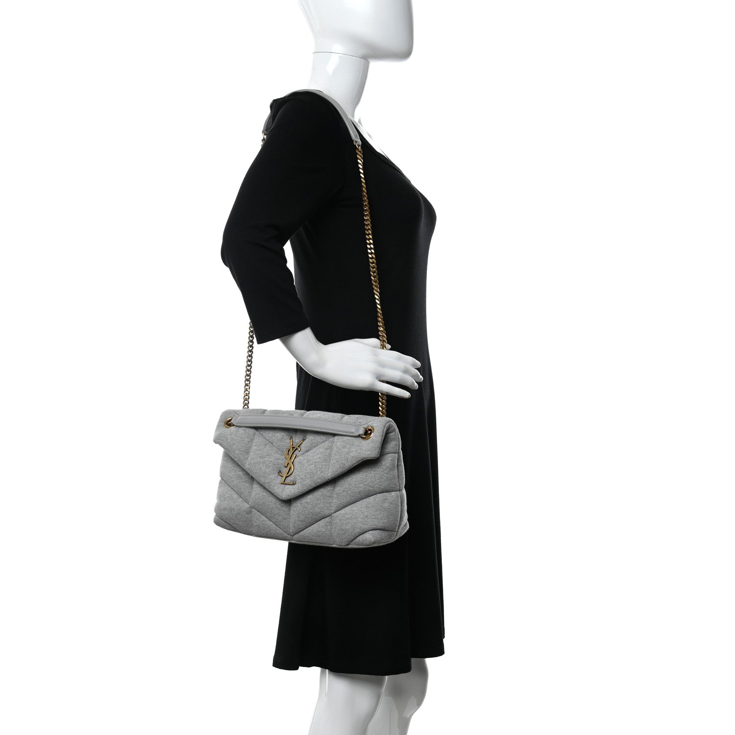 Saint Laurent Jersey Quilted Small Loulou Puffer Monogram Chain Satchel Grey Cloud 2 of 9