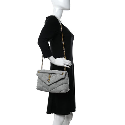 Saint Laurent Jersey Quilted Small Loulou Puffer Monogram Chain Satchel Grey Cloud 2 of 9