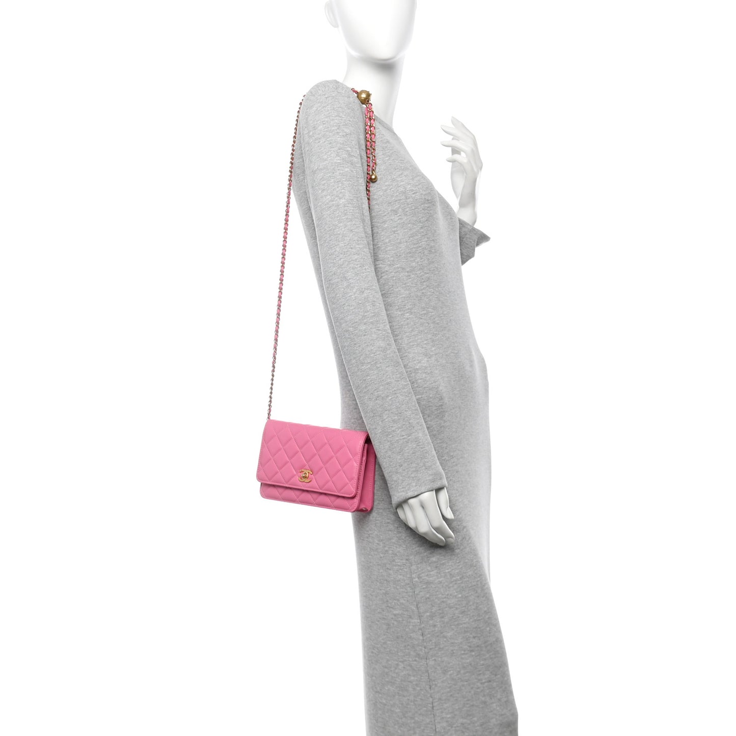 Lambskin Quilted CC Pearl Crush Wallet on Chain WOC Pink