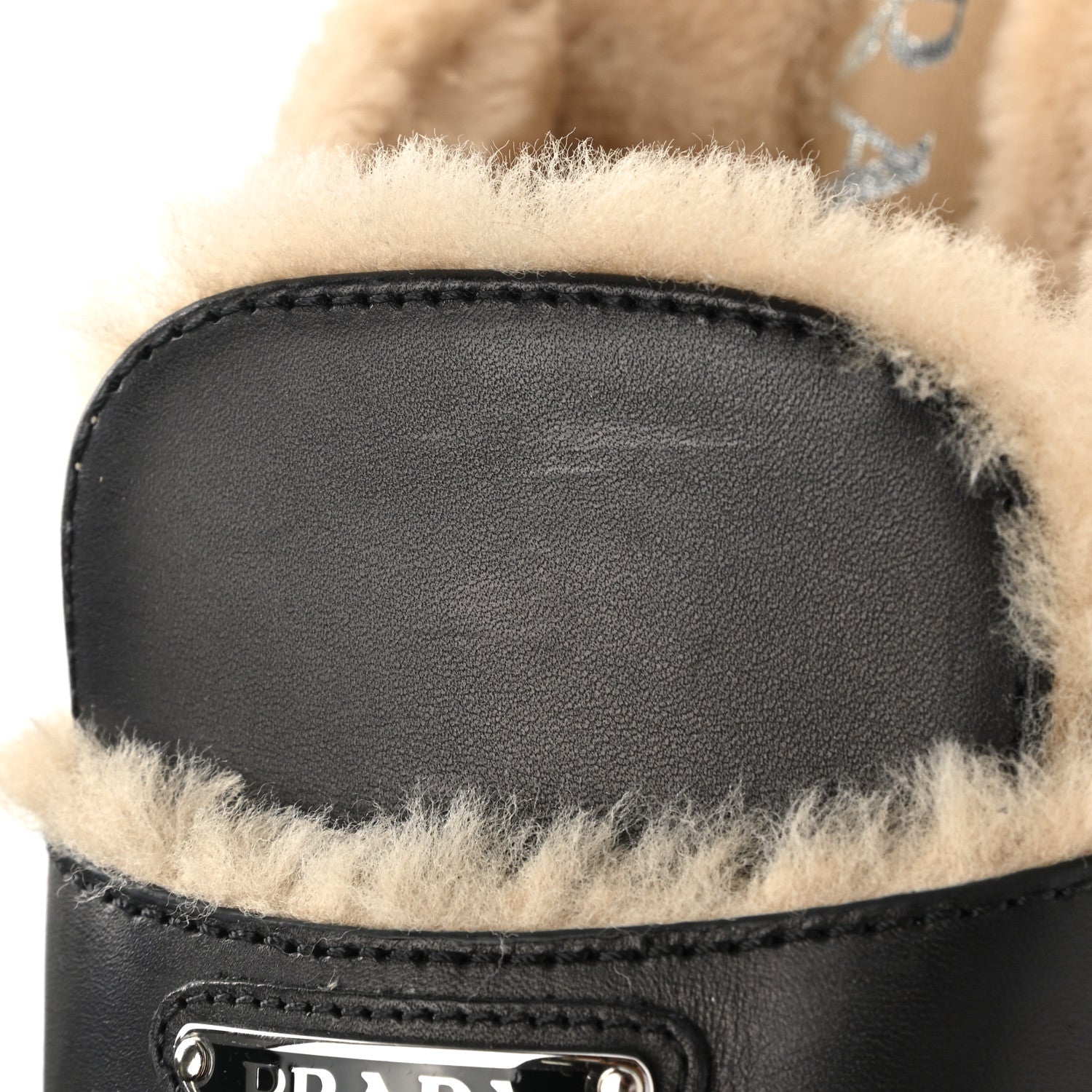 Prada Natural Calfskin Shearling Metal Triangle Logo 45mm Clogs 41 Black Sabbia 10 of 10