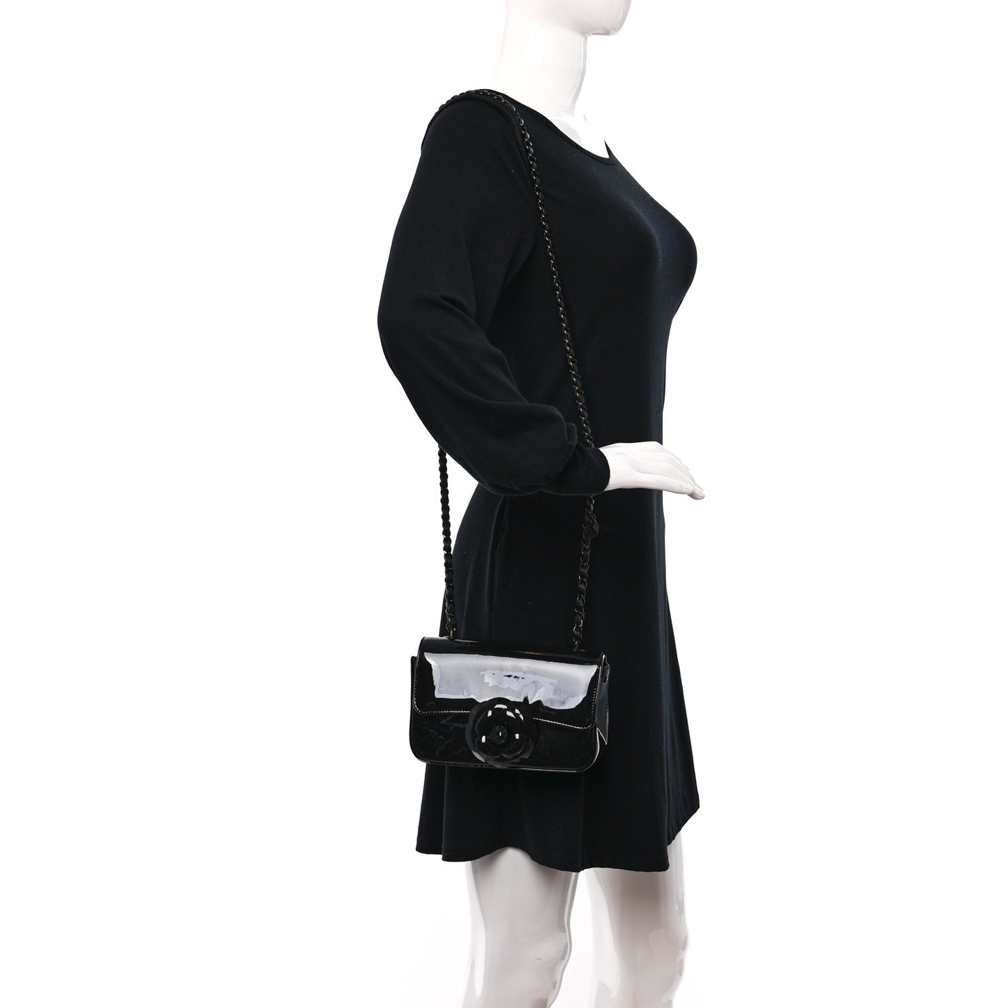 Patent Calfskin Small Camellia Flap Black