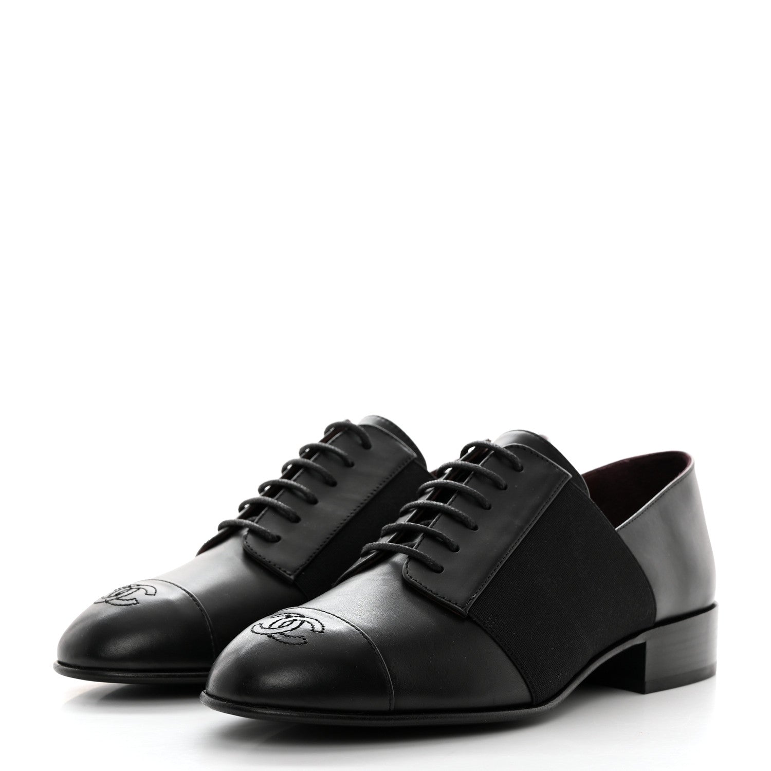 Chanel Calfskin Elastic Lace Up Cap Toe CC Loafers 36 Black 3 of 9