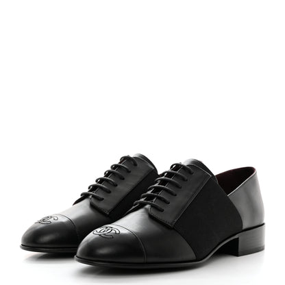 Chanel Calfskin Elastic Lace Up Cap Toe CC Loafers 36 Black 3 of 9
