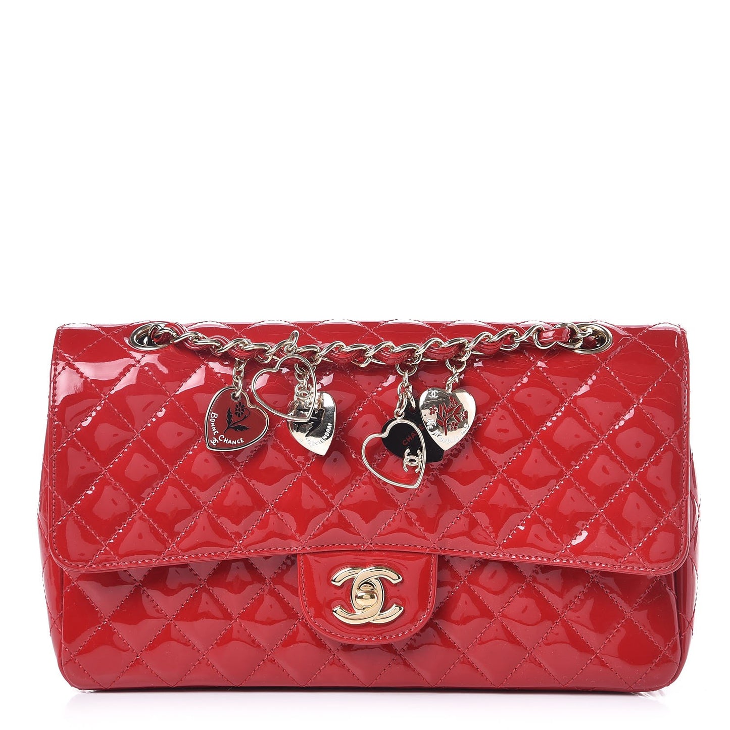 Patent Calfskin Quilted Valentine Charms Medium Single Flap Red