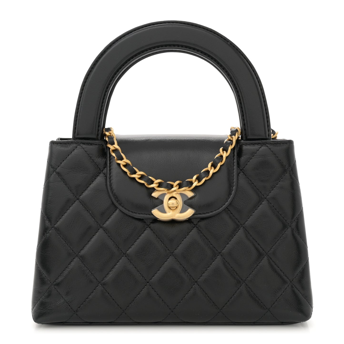 Shiny Aged Calfskin Quilted Nano Kelly Shopper Black
