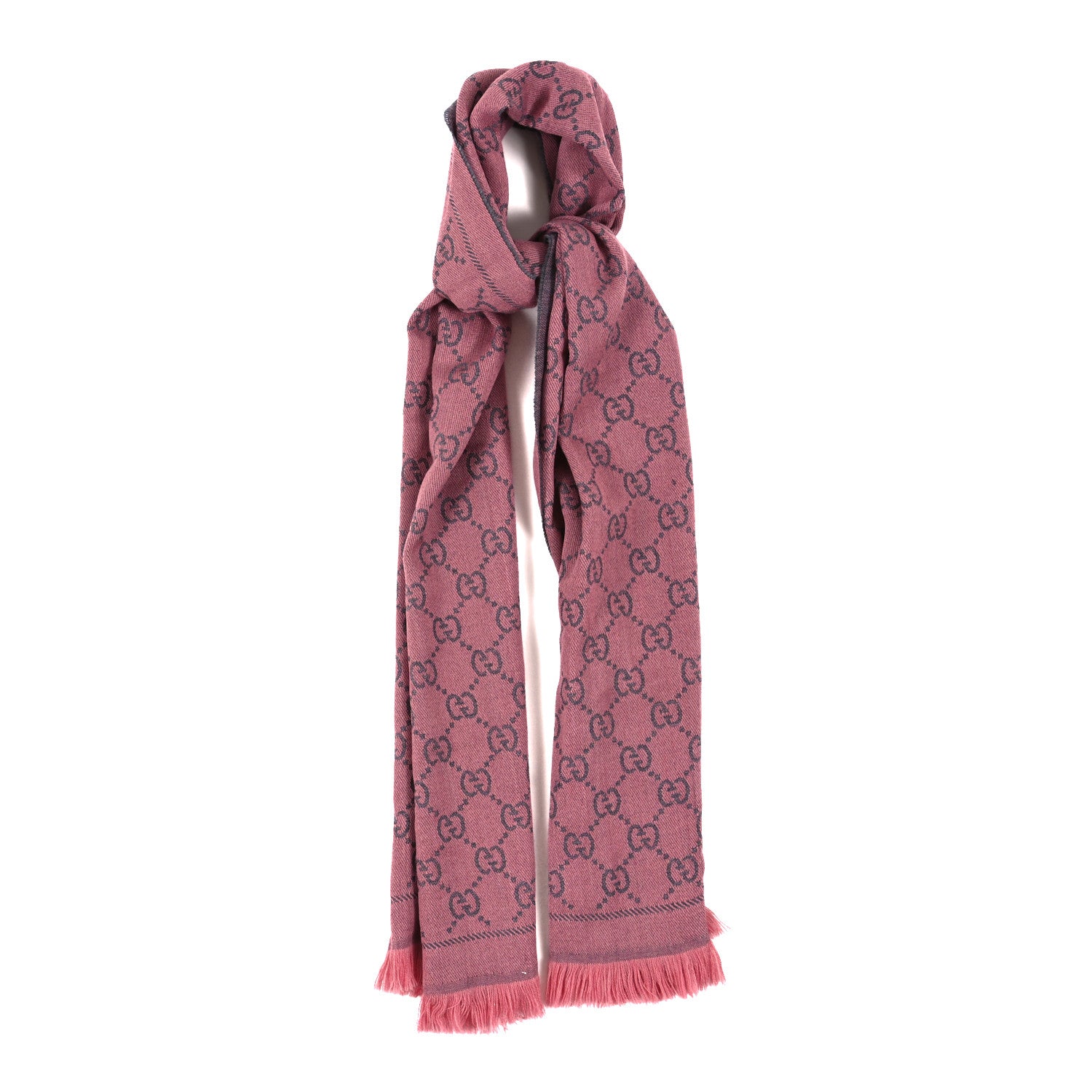 Gucci Wool Jacquard GG Monogram Sten Fringe Scarf Graphite Pink 1 of 3