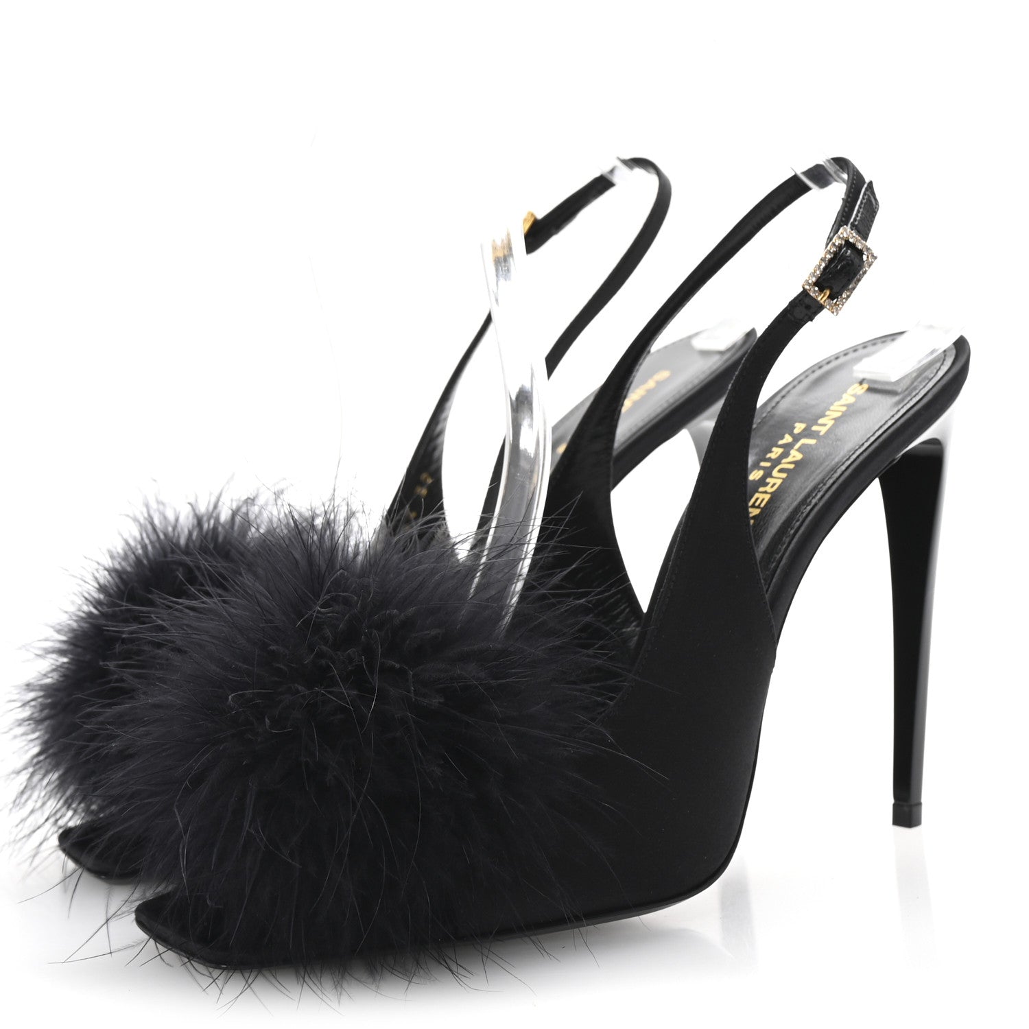 Saint Laurent Crepe Satin Feathered Blanco Sandals 39 Black 4 of 9