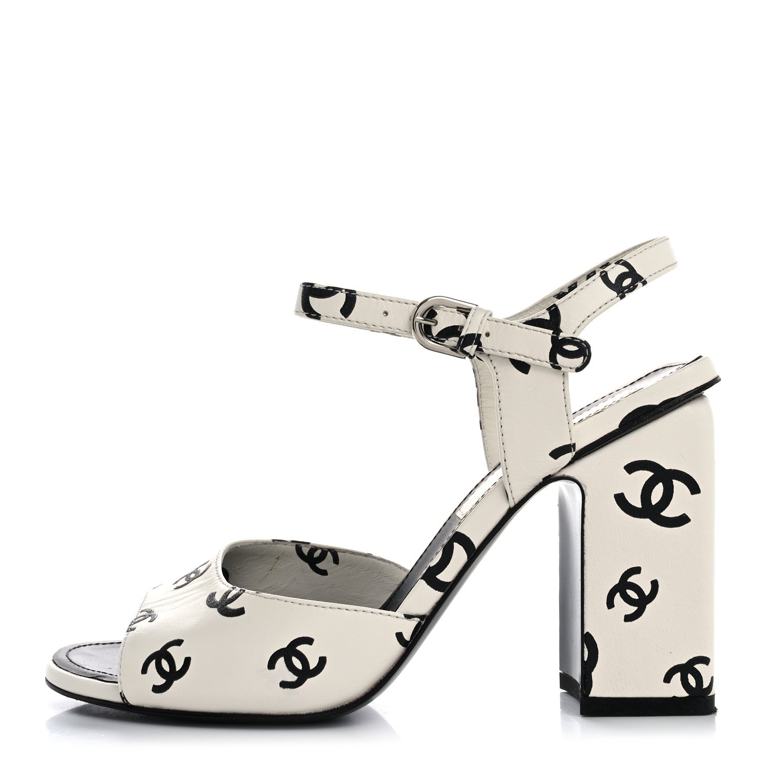 Chanel Printed Lambskin CC Platform Sandals 37 White Black 1 of 15