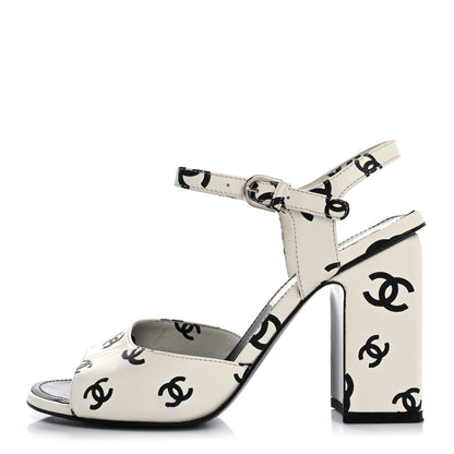 Chanel Printed Lambskin CC Platform Sandals 37 White Black 1 of 15