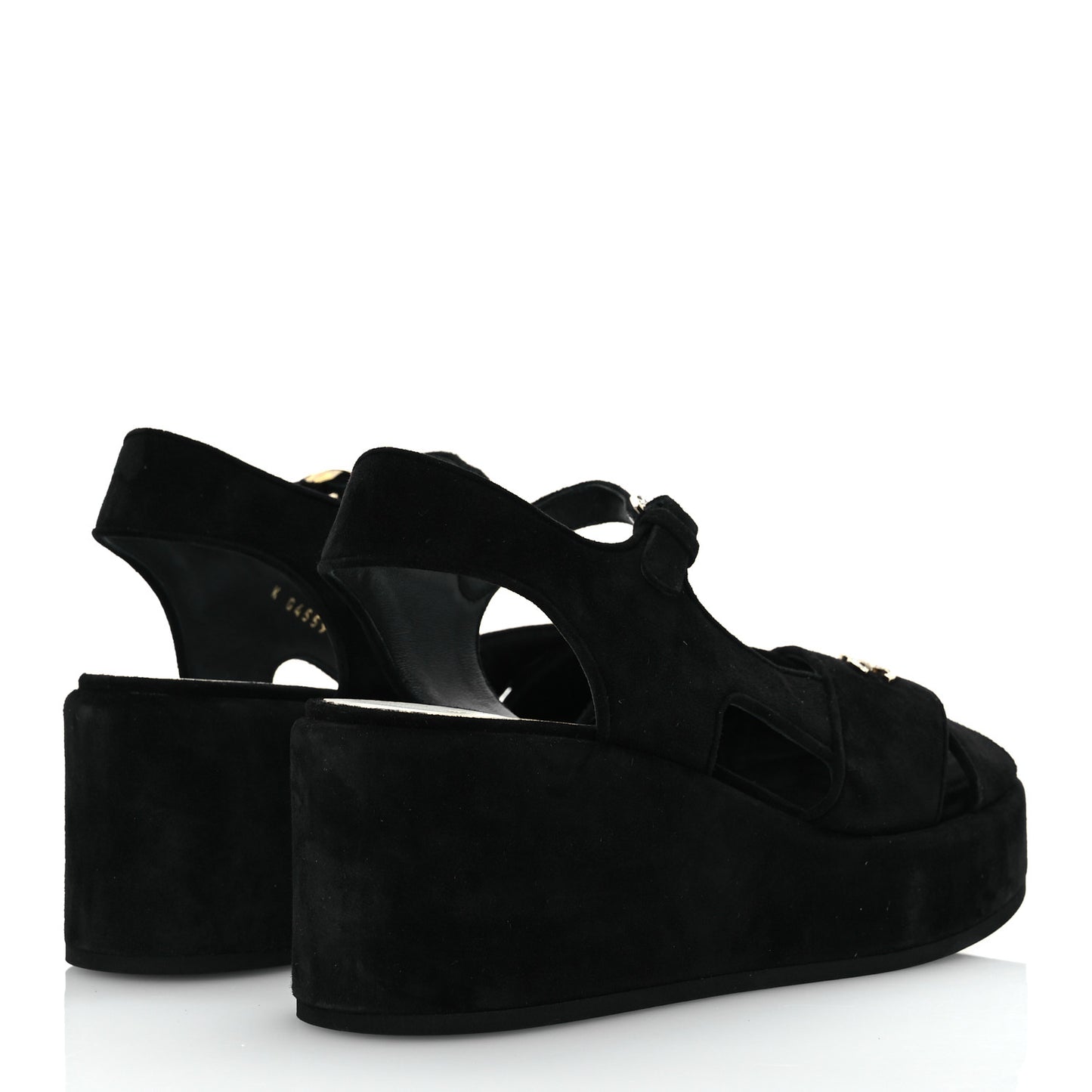 Suede Calfskin Peep Toe Wedge Sandals 40.5 Black
