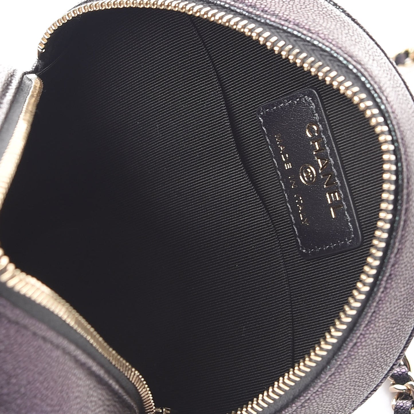 Iridescent Caviar Quilted Round Clutch With Chain Black