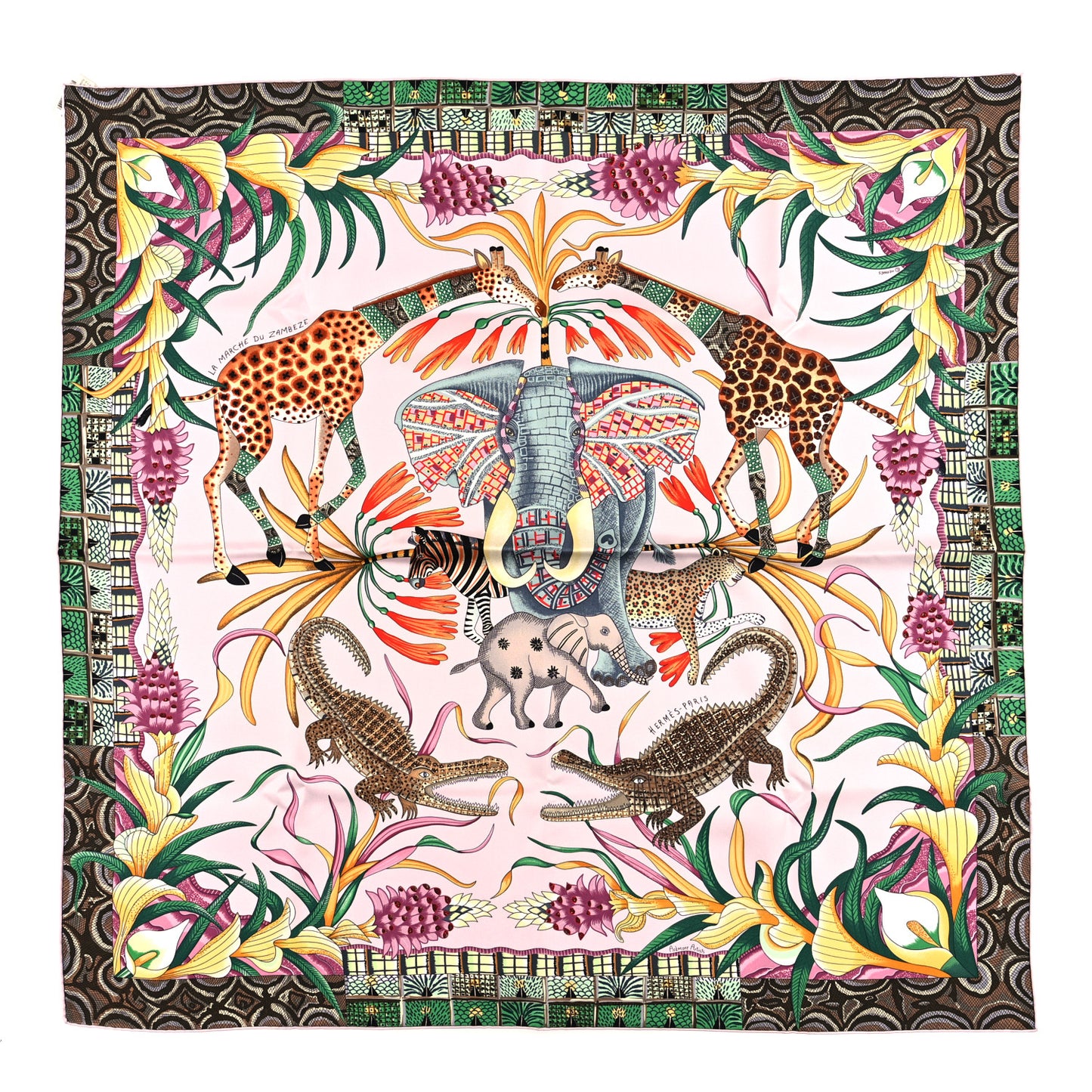 Silk La Marche Du Zambeze Scarf 90 Rose Pale Vert Jaune