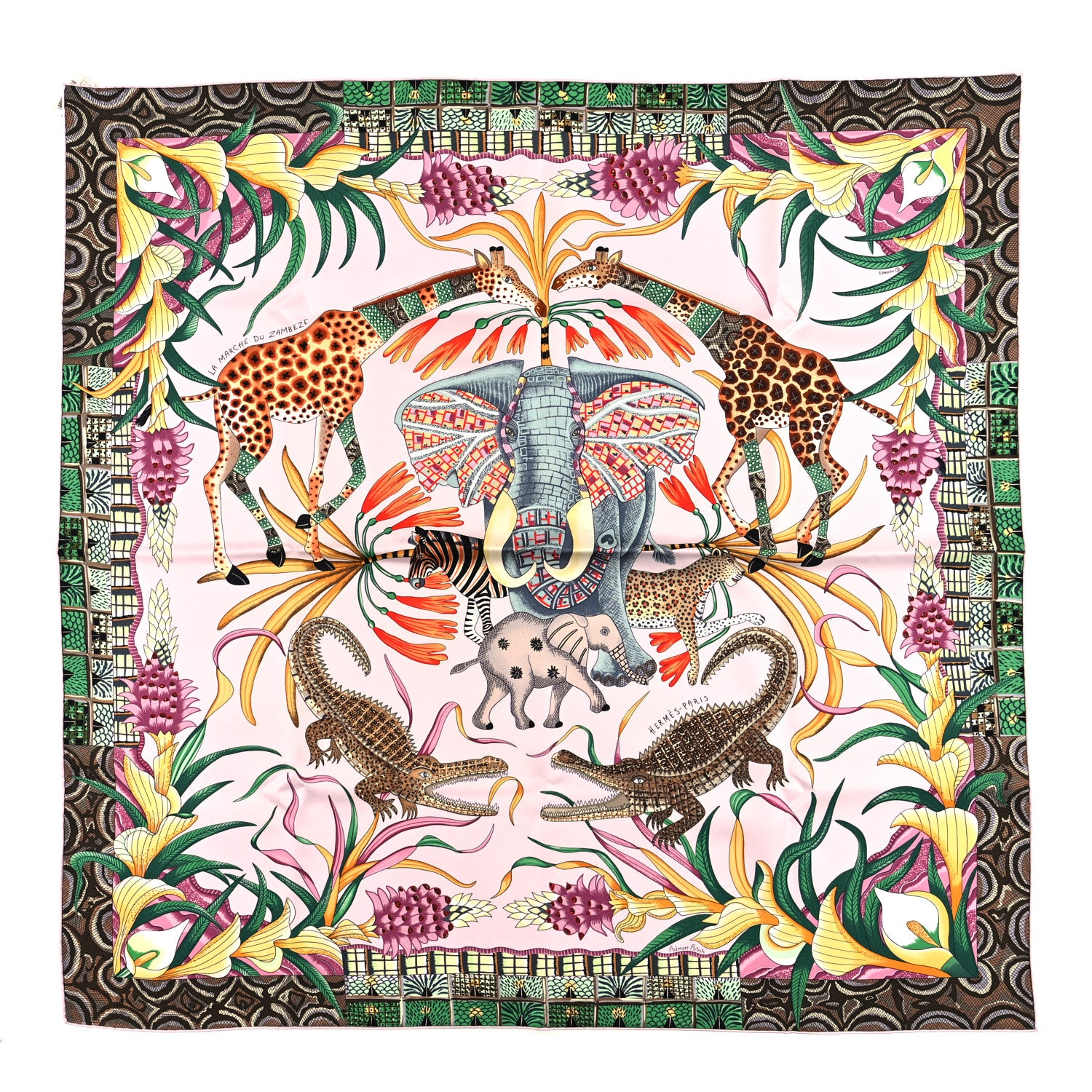 Hermes Silk La Marche Du Zambeze Scarf 90 Rose Pale Vert Jaune 1 of 3