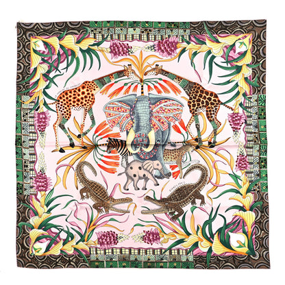 Hermes Silk La Marche Du Zambeze Scarf 90 Rose Pale Vert Jaune 1 of 3