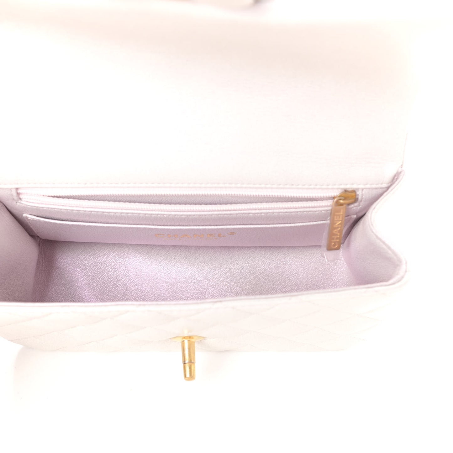Iridescent Lambskin Quilted Mini Top Handle Rectangular Flap White