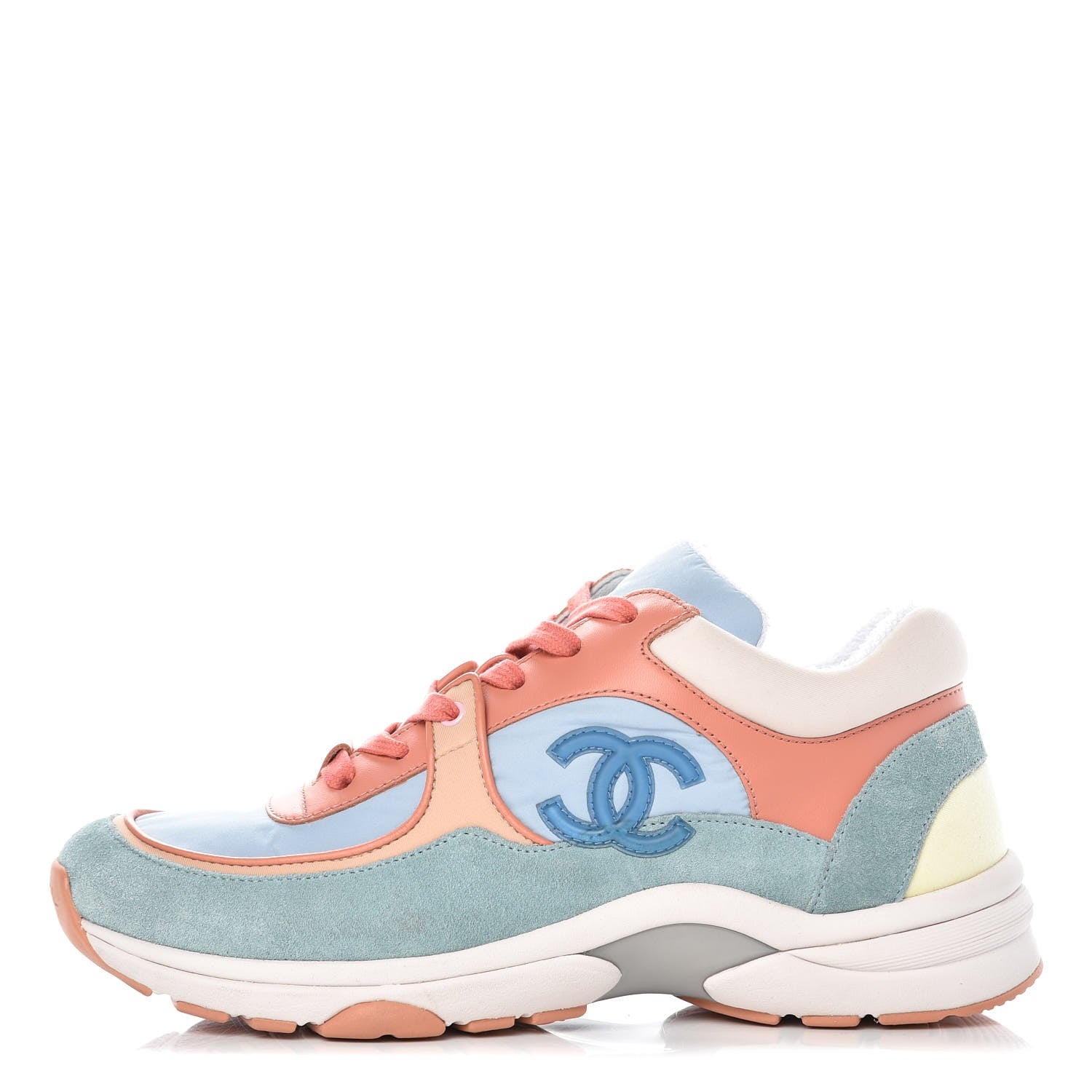 Chanel Nylon Lambskin Suede Calfskin CC Sneakers 37 Coral Light Blue White 1 of 13