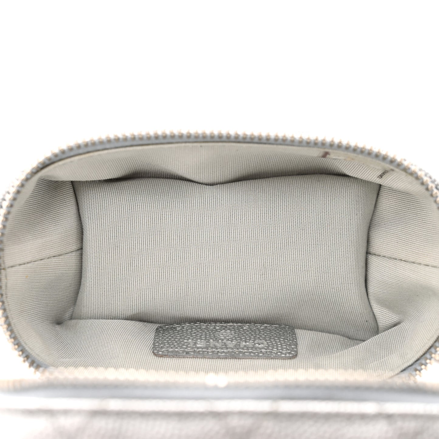 Metallic Caviar Quilted Mini Top Handle Vanity With Chain Silver