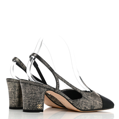 Chanel Metallic Lambskin Grosgrain Cap Toe CC Slingback Sandals 38.5 Black Gold 4 of 9