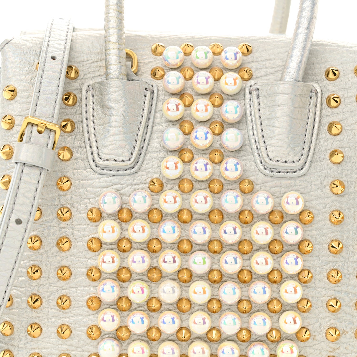 MCM Calfskin Pearls Studded Mini Milla Tote White Flake 7 of 12