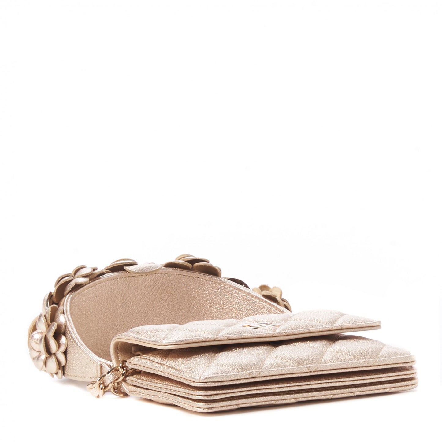 Metallic Lambskin Quilted Camellia Card Holder On Chain Gold