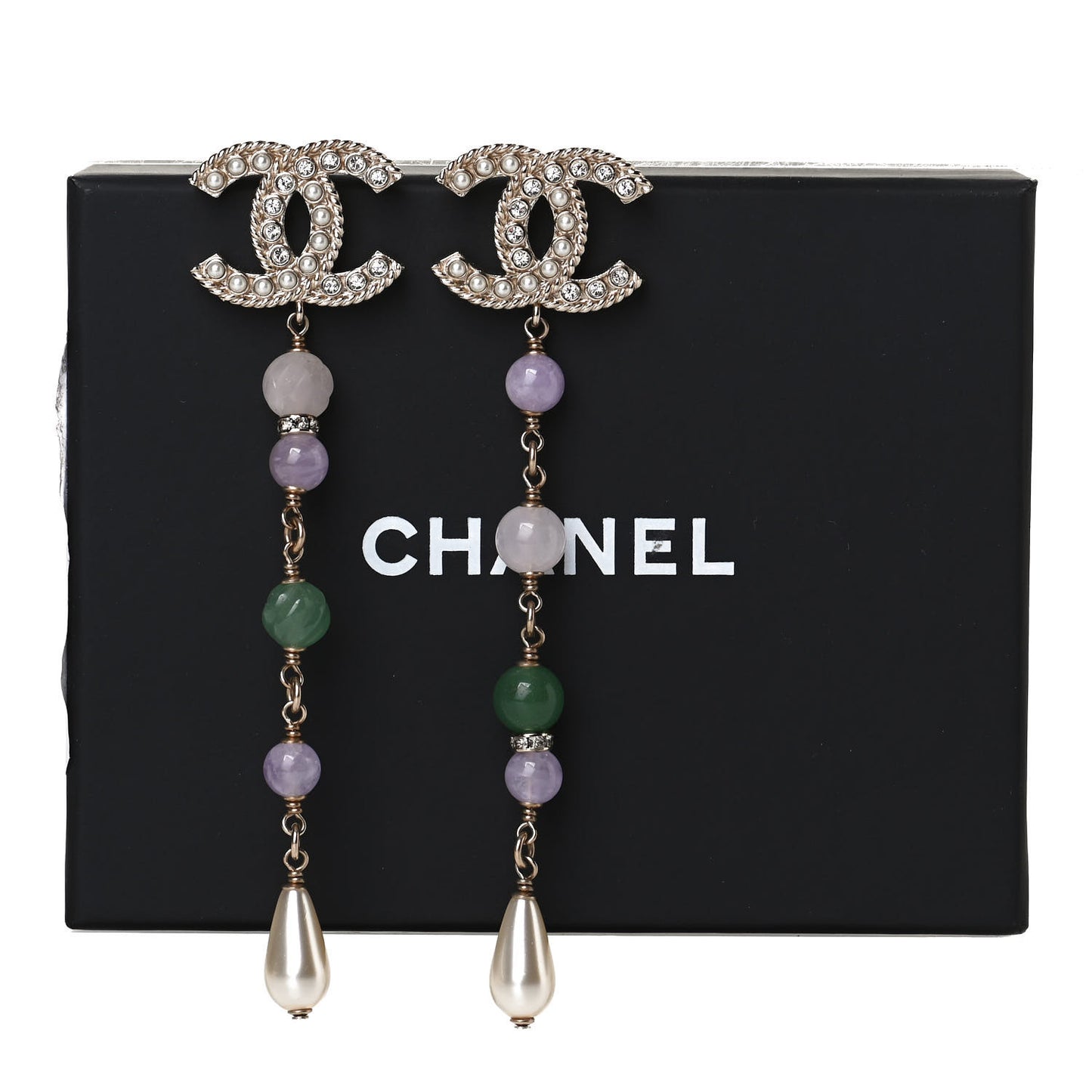 Crystal Pearl Beaded CC Long Drop Earrings Gold Multicolor