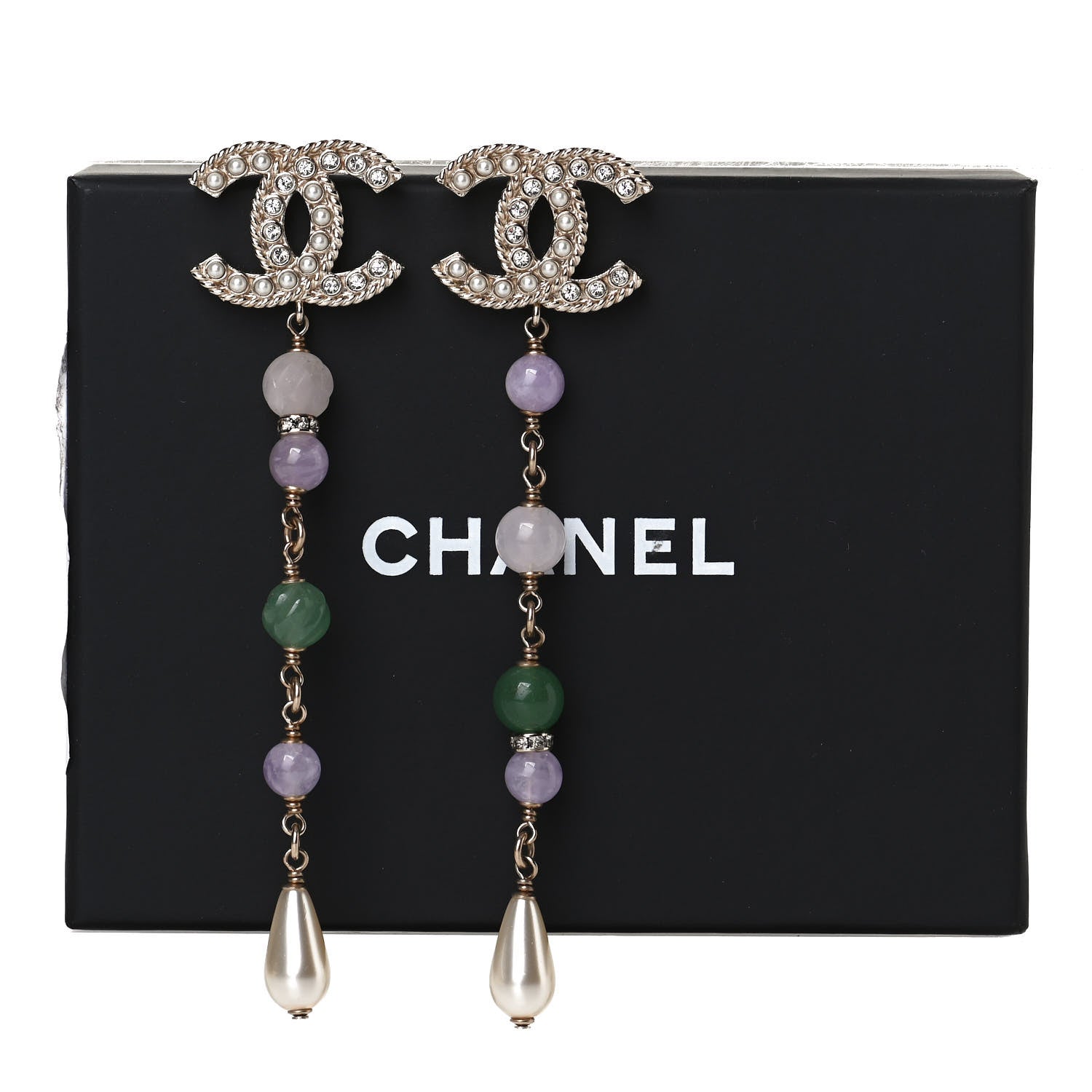 Chanel Crystal Pearl Beaded CC Long Drop Earrings Gold Multicolor 5 of 5