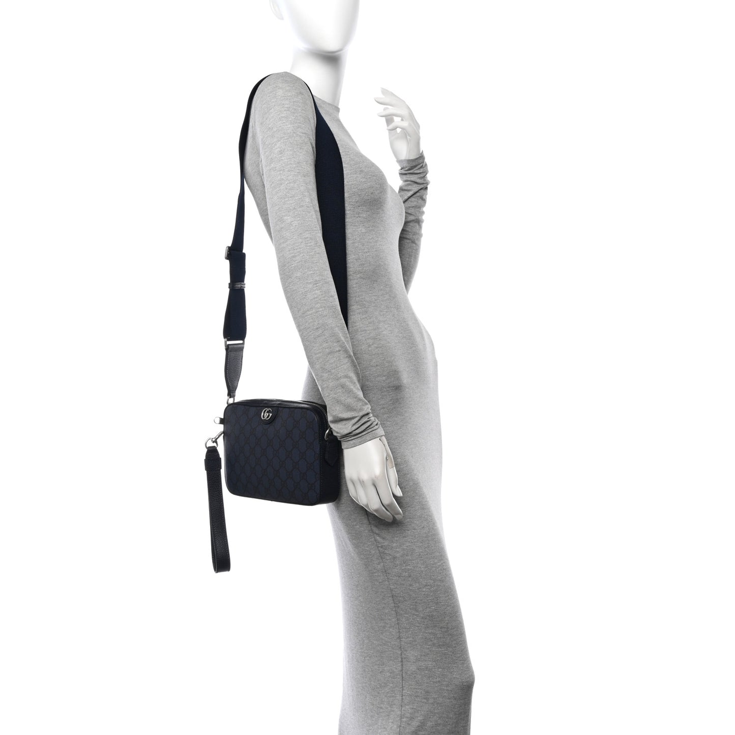 GG Supreme Monogram Textured Dollar Calfskin Web Ophidia Wristlet Shoulder Bag Black Blue