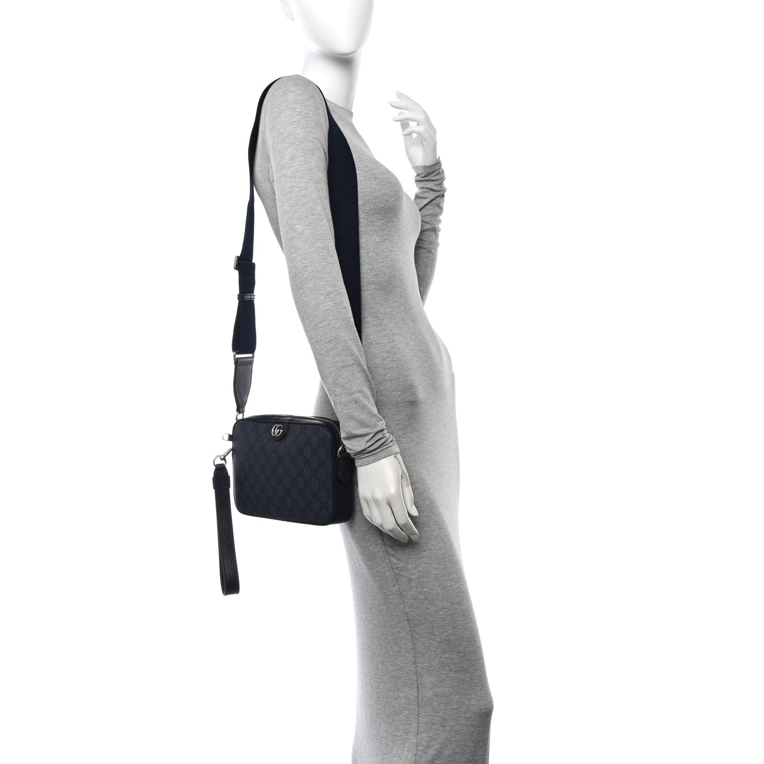 Gucci GG Supreme Monogram Textured Dollar Calfskin Web Ophidia Wristlet Shoulder Bag Black Blue 2 of 12