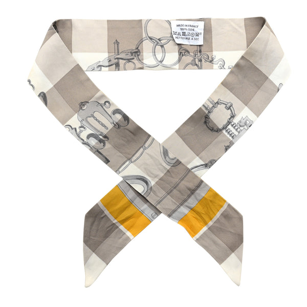 Hermes Silk Mors Et Gourmettes Vichy Twilly Etoupe Jaune Vif White