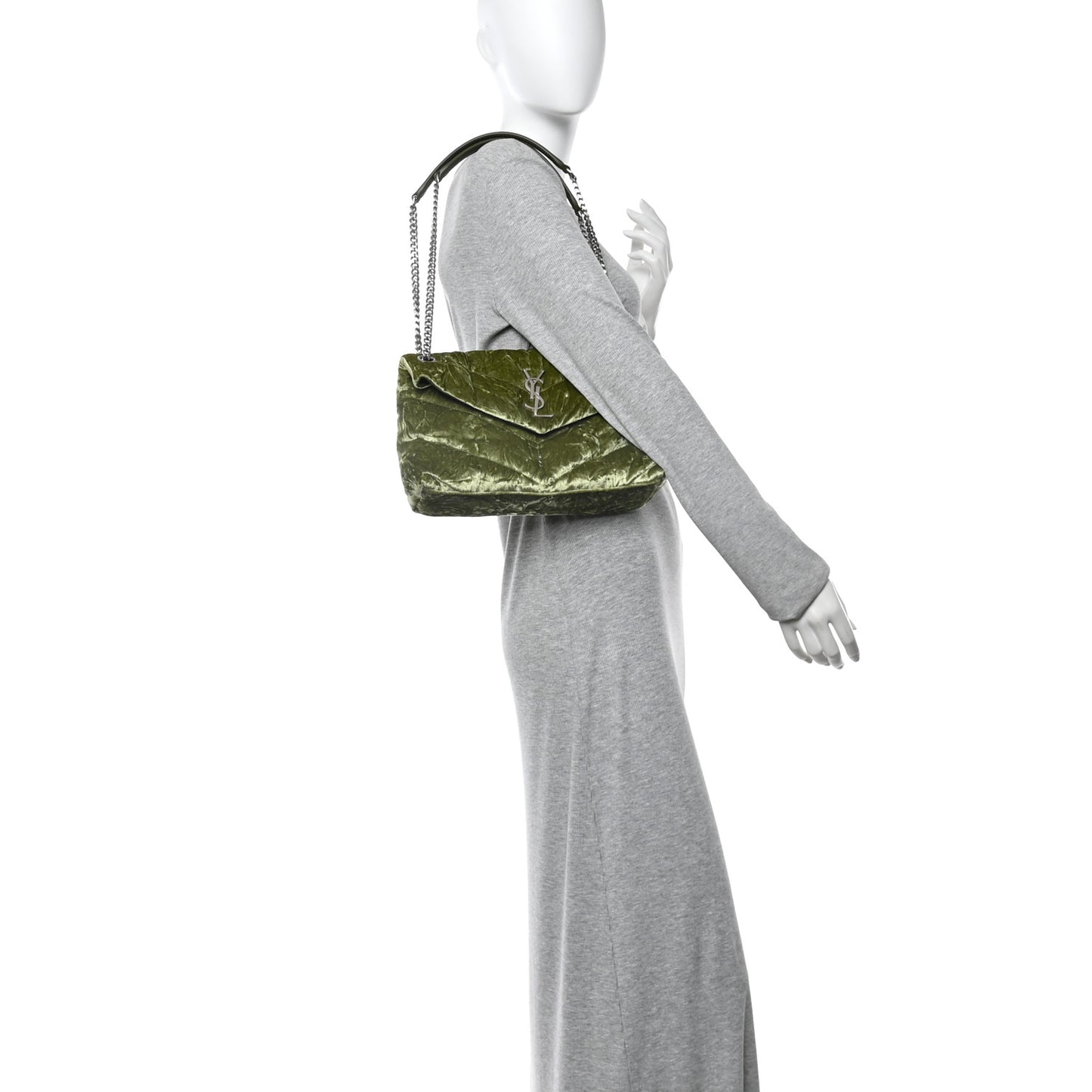 Crushed Velvet Quilted Small Loulou Puffer Monogram Chain Satchel Green