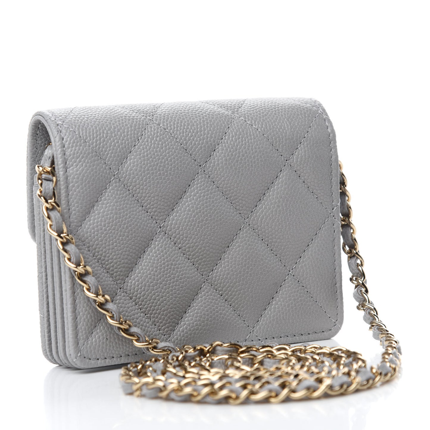 Caviar Quilted Flap Card Holder On Chain Grey