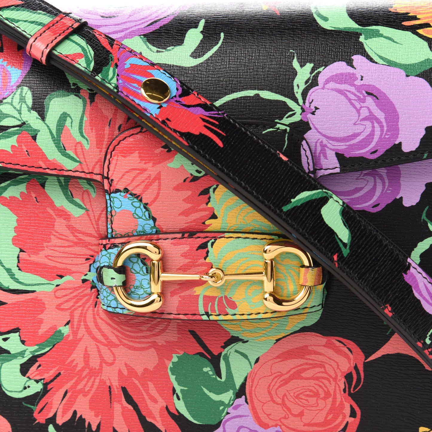 X KEN SCOTT New Shangai Calfskin Jenny Floral Print Horsebit 1955 Shoulder Bag Black Pink