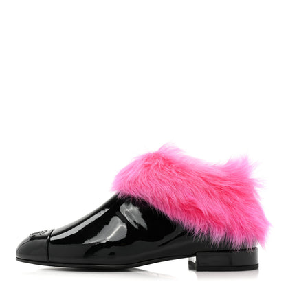 Chanel Patent Shearling Lambskin Cap Toe Short Boots 39 Black Pink 1 of 9