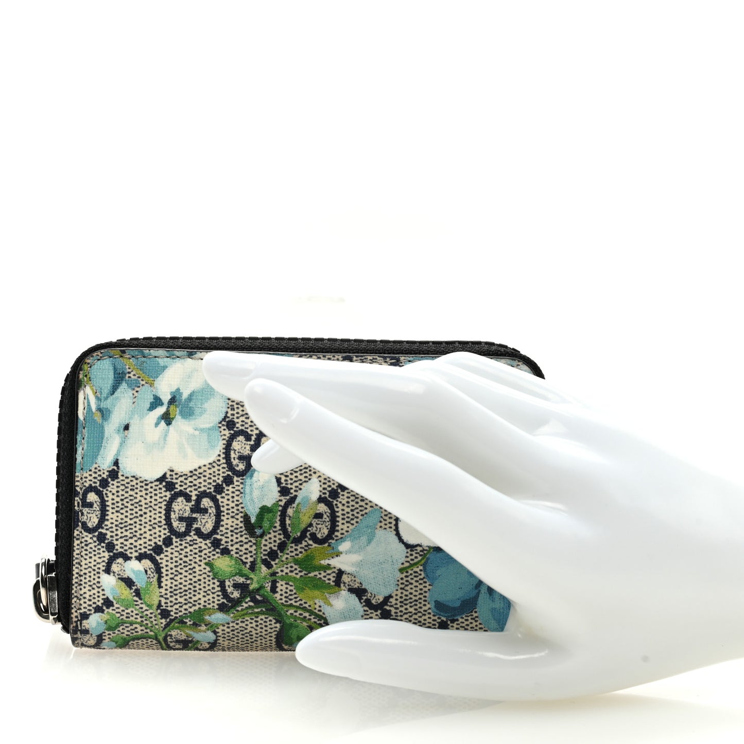 GG Supreme Monogram Blooms Zip Around Card Case Wallet Beige Blue Navy