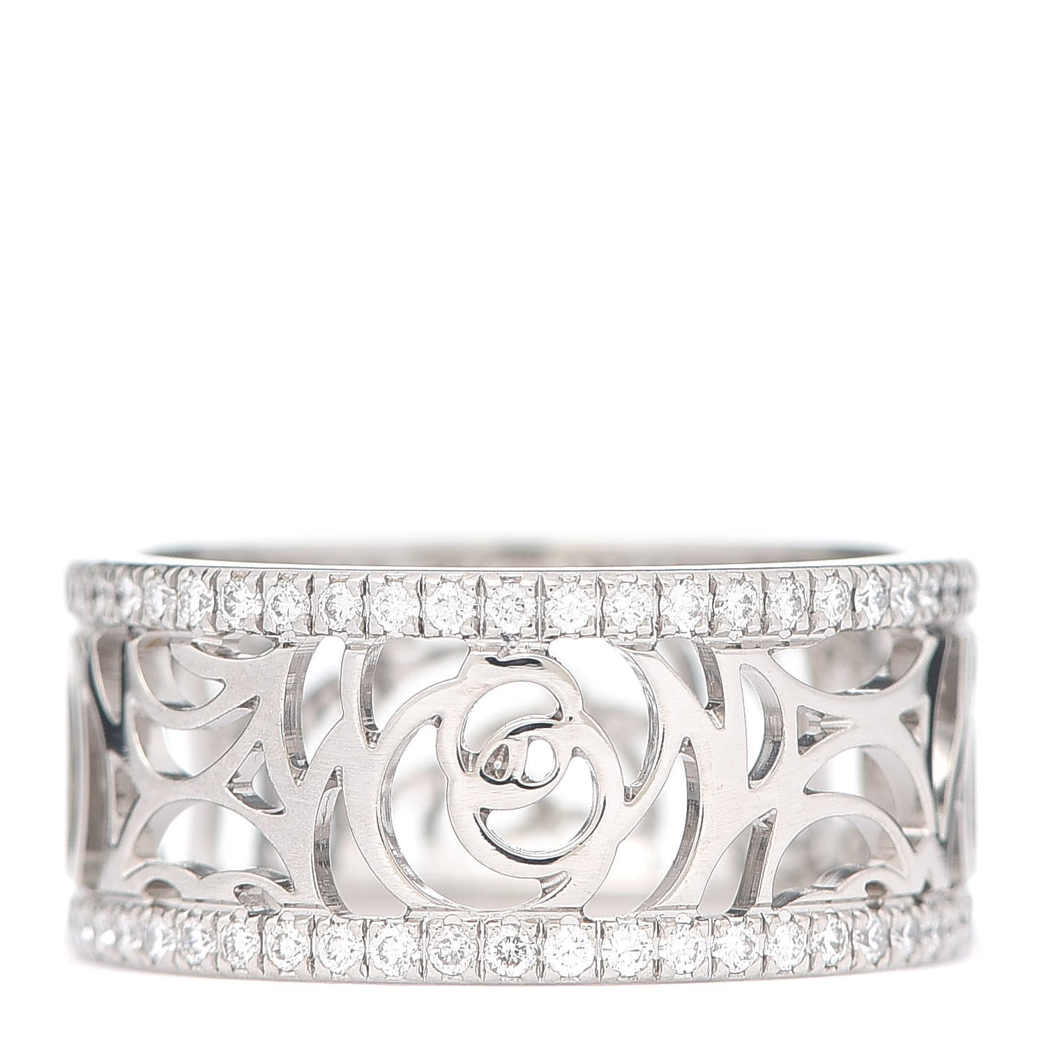 Chanel 18K White Gold Diamond Camellia Ajoure Band Ring 53 6.25 1 of 5
