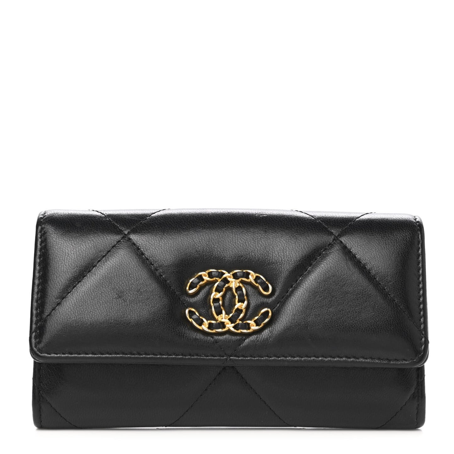 Shiny Goatskin Quilted Chanel 19 Flap Wallet Black