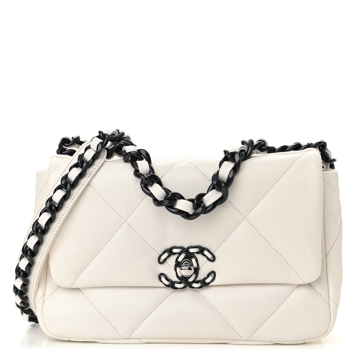Chanel Glossy Calfskin Quilted Medium Chanel 19 Flap White Black 1 of 11
