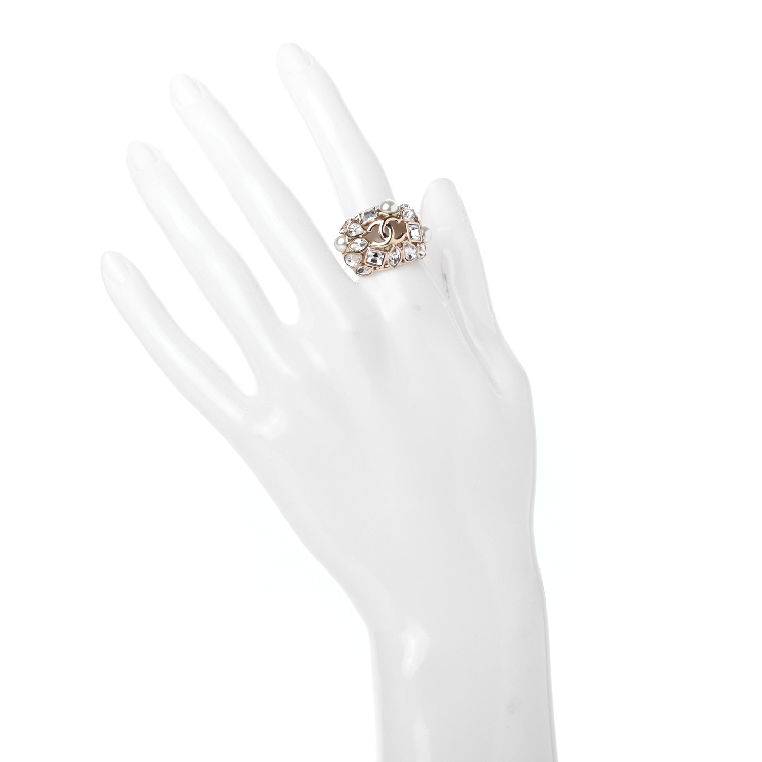 Chanel Metal Glass Pearl Strass Snowfall Ring 52 6 Light Gold 2 of 4