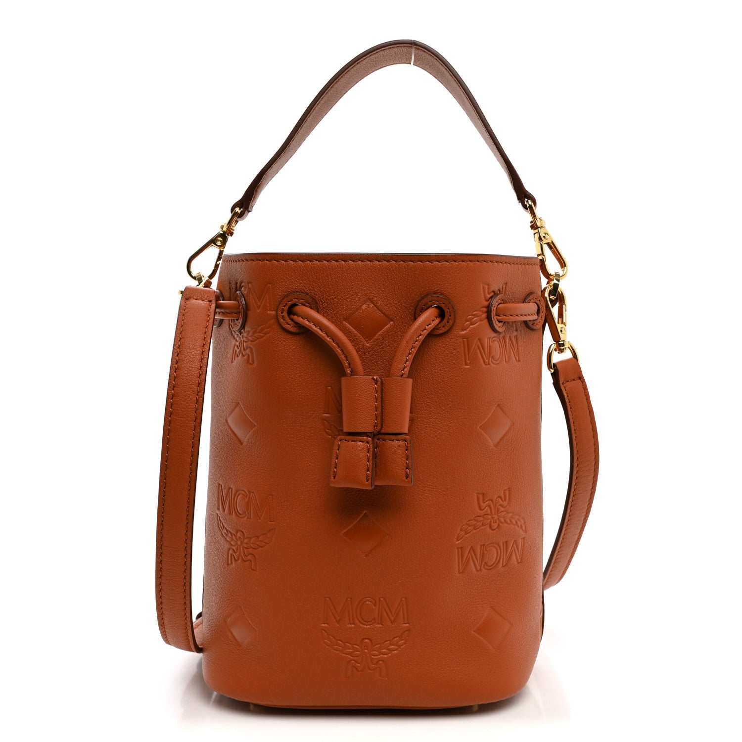 MCM Calfskin Embossed Monogram Mini Dessau Drawstring Bucket Bag Cognac 1 of 9