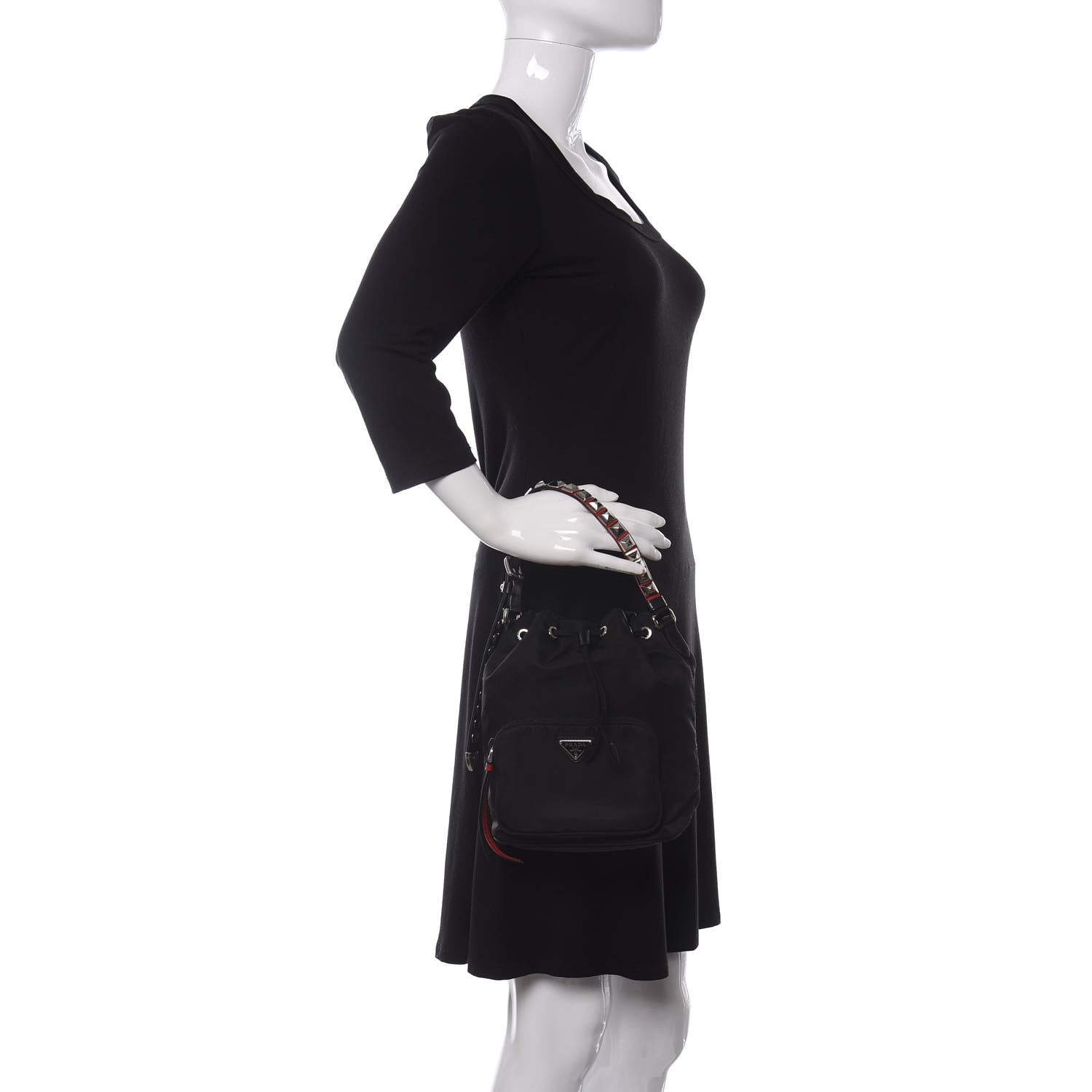 Prada Tessuto Nylon Studded New Vela Mini Bucket Crossbody Bag Black Fuoco 2 of 9
