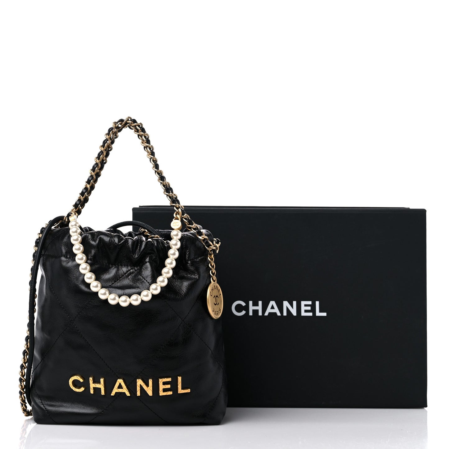 Shiny Crumpled Calfskin Quilted Pearl Mini Chanel 22 Black