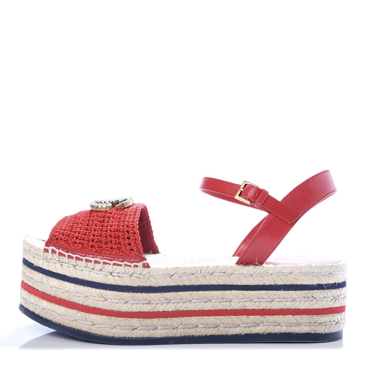 Cotton Malaga Kid Crochet Pearly GG Lilibeth Espadrille Platform Sandals 36.5 Hibiscus Red