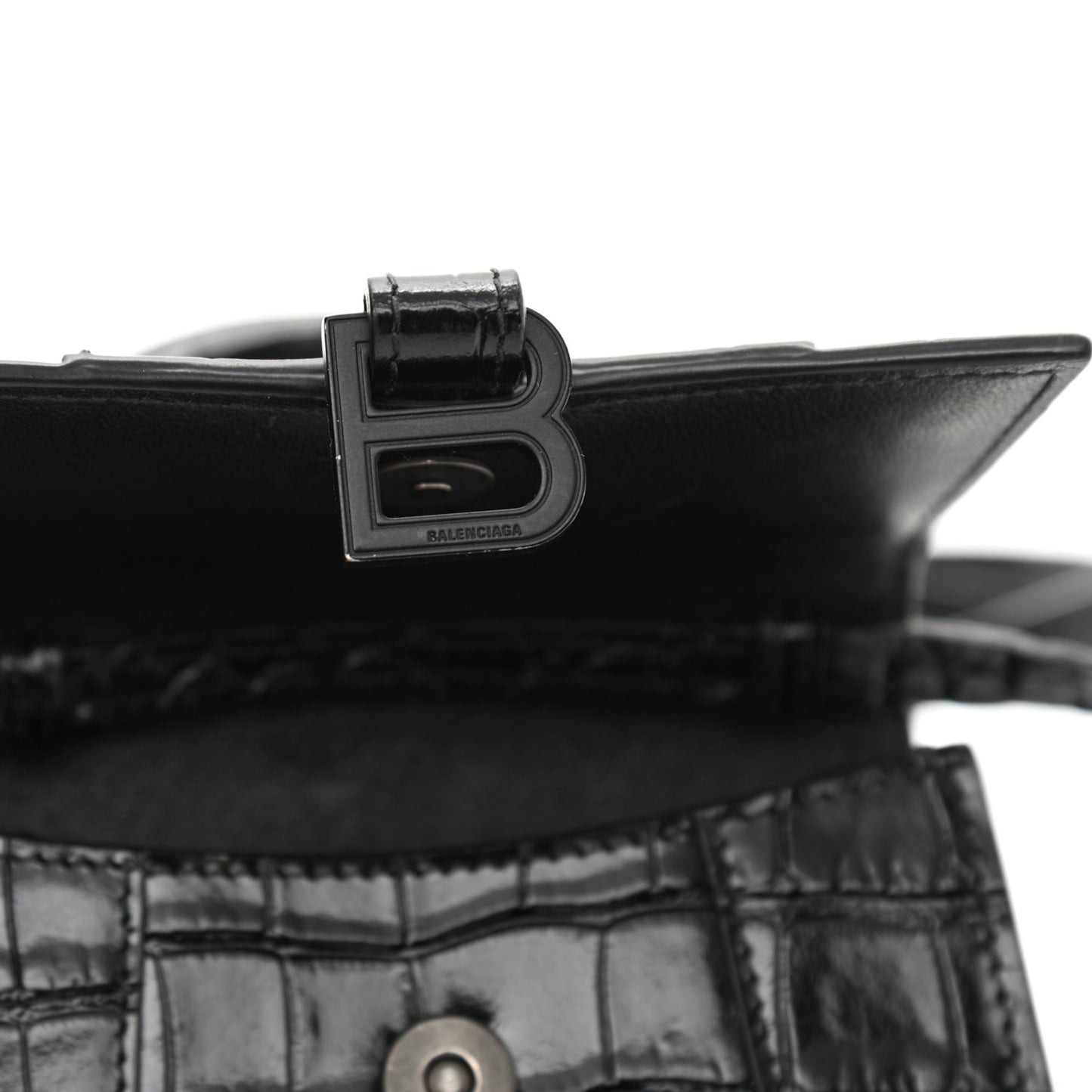 Shiny Calfskin Monochrome Crocodile Embossed Hourglass Top Handle Bag Mini Black