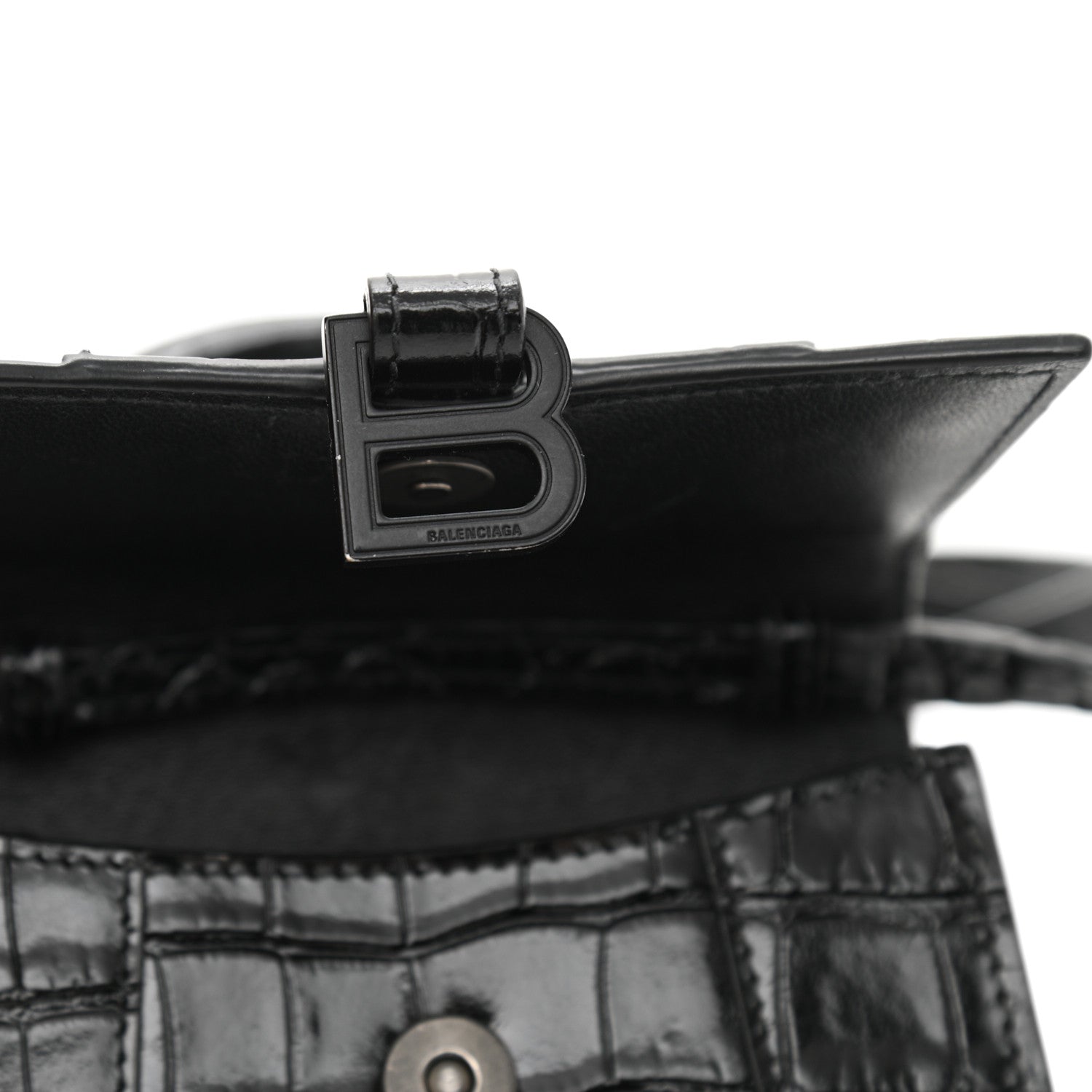 Balenciaga Shiny Calfskin Monochrome Crocodile Embossed Hourglass Top Handle Bag Mini Black 11 of 13